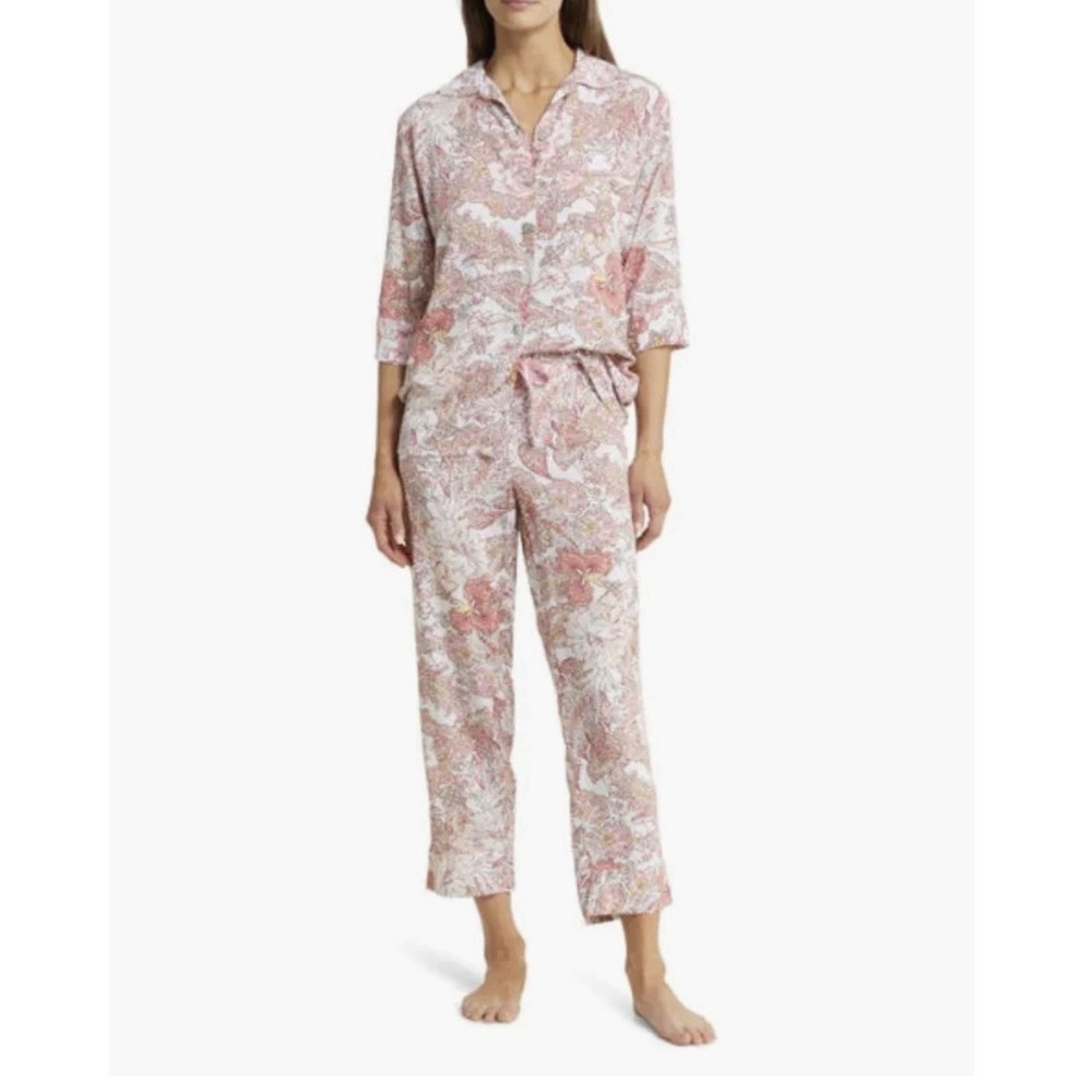 Papinelle Ella Crop Pajama Set XS Pink Floral Viscose Button Lounge Sleepwear